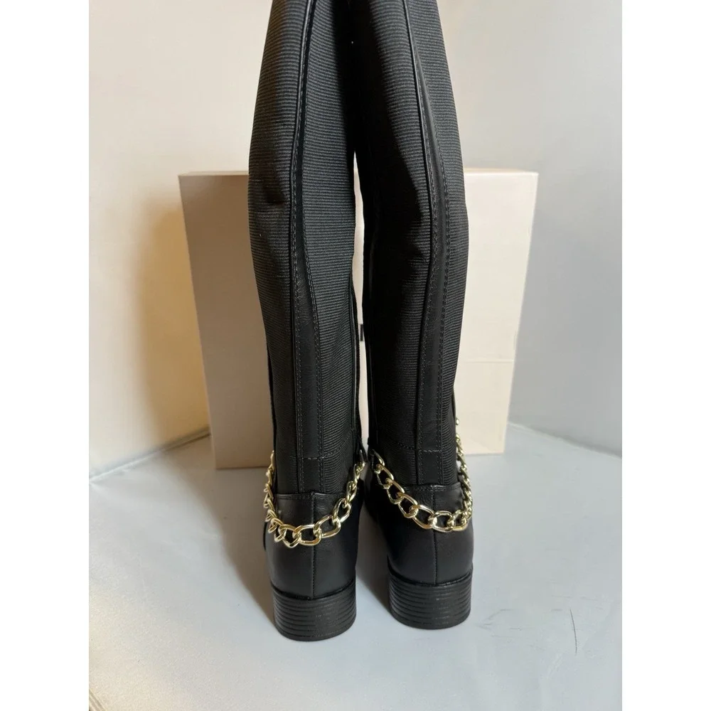 Just Fab Black Faux Leather Gamela Boots Knee High Gold Chain Women Size 5.5